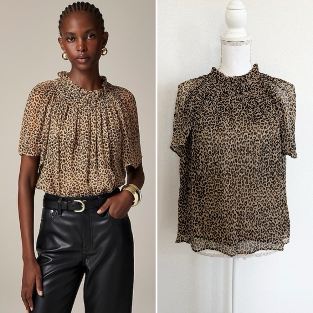 NWT | J.CREW | Crinkle Chiffon Smocked Top in Leopard Print | Size Small